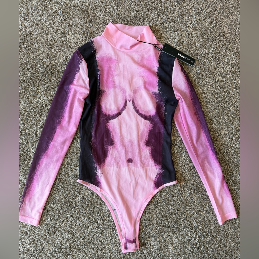 Fashion Nova Pink and Black Abstract Long Sleeve Bodysuit